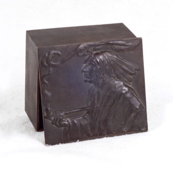 bronze and wood box with smoking Indian
