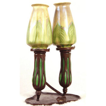 Tiffany Floriform Favrile Glass and Bronze Two-Arm Candlelamp