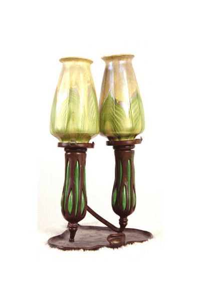 Tiffany Floriform Favrile Glass and Bronze Two-Arm Candlelamp