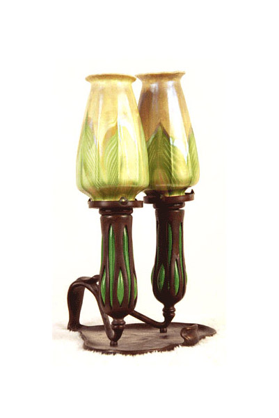 Tiffany Floriform Favrile Glass and Bronze Two-Arm Candlelamp