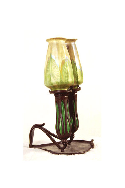 Tiffany Floriform Favrile Glass and Bronze Two-Arm Candlelamp